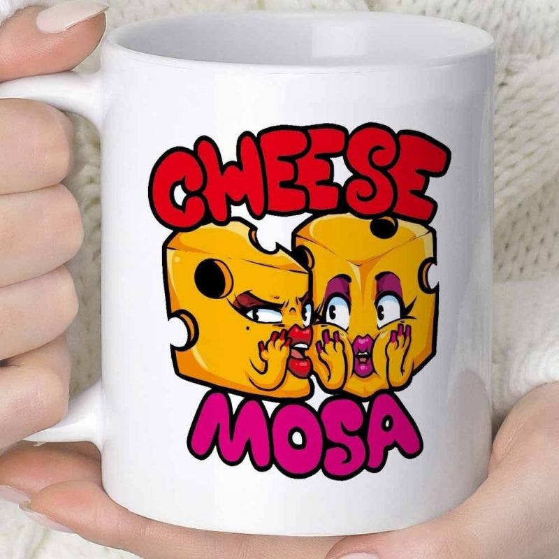 Tailorly White Ceramic 11 oz Mug - Cheese Mosa Vibrant Cartoon Cheese Characters Whispering Together With Expressive Faces And Lips Character