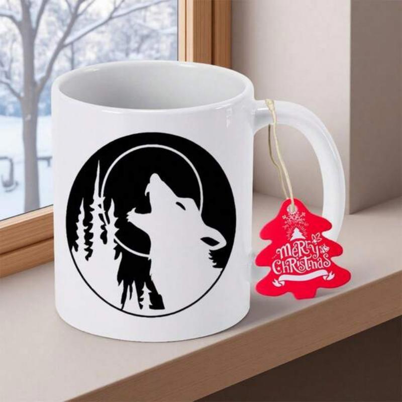 Tailorly White Ceramic 11 oz Mug - Merry Christmas Howling Under Full Moon Among Tall Silhouette Pine Trees Wolf