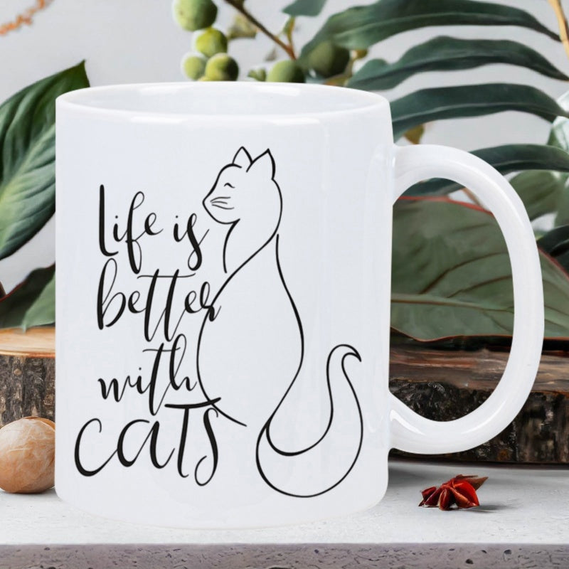 Tailorly White Ceramic 11 oz Mug - Life Is Better With Cats Elegant Minimalist Black Line Art Of A Graceful Sitting Feline Cat