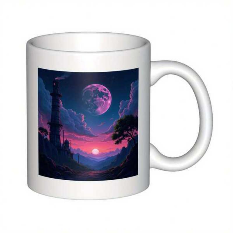 Tailorly White Ceramic 11 oz Mug - Vibrant Purple Sky Under Large Full Moon Featuring Distant Silhouette Lighthouse