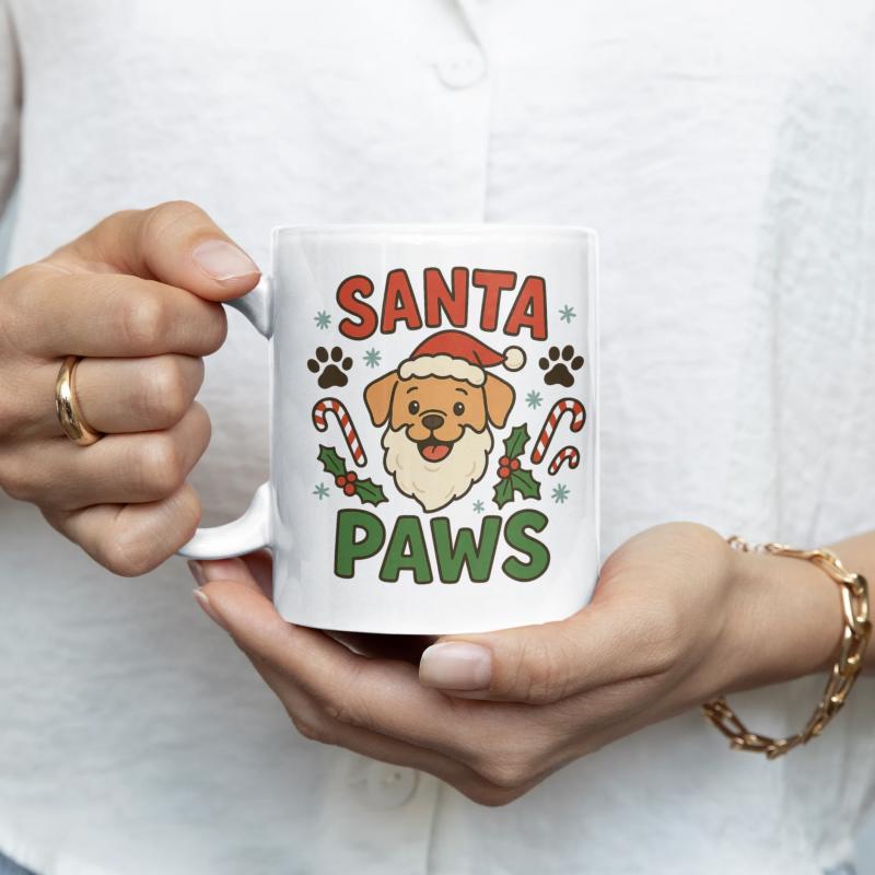 Tailorly White Ceramic 11 oz Mug - Santa Paws Festive Cartoon Dog Wearing Red Santa Hat And White Beard Dog