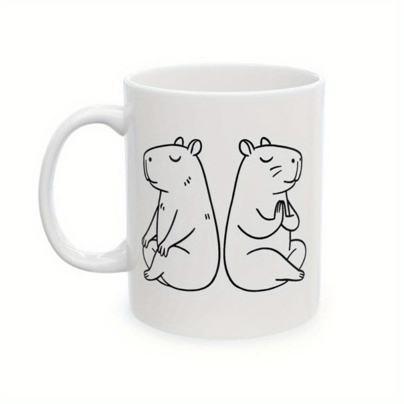 Tailorly White Ceramic 11 oz Mug - Minimalist Line Art Of Two Meditating Capybaras Sitting Back To Back Capybara