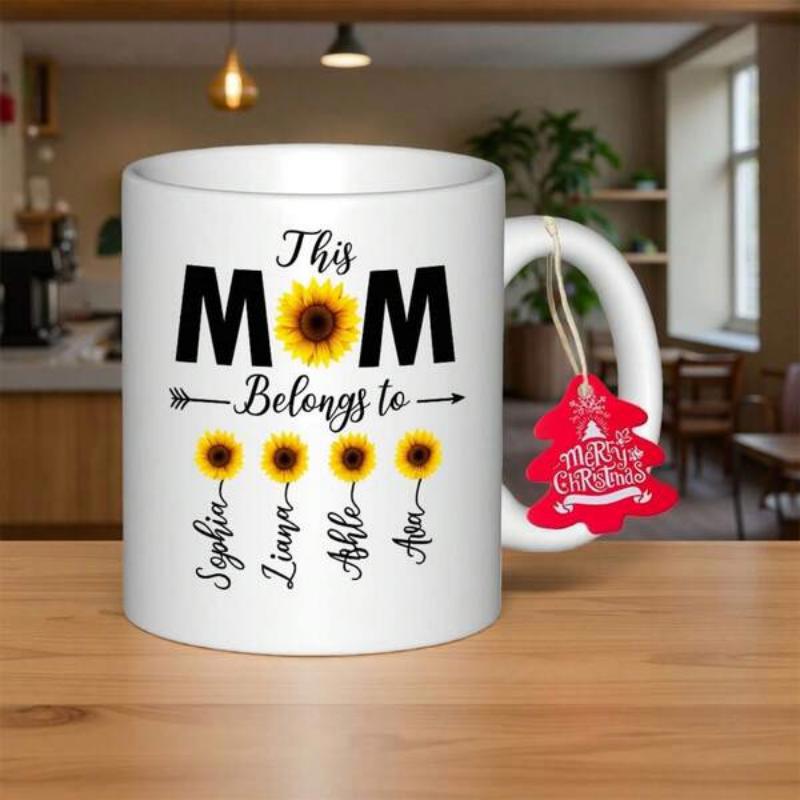 Tailorly White Ceramic 11 oz Mug - This Mom Belongs To Sophia Liana Abbie Ava Blooming Yellow Petals Under Warm Light With Stylized Stems Sunflower