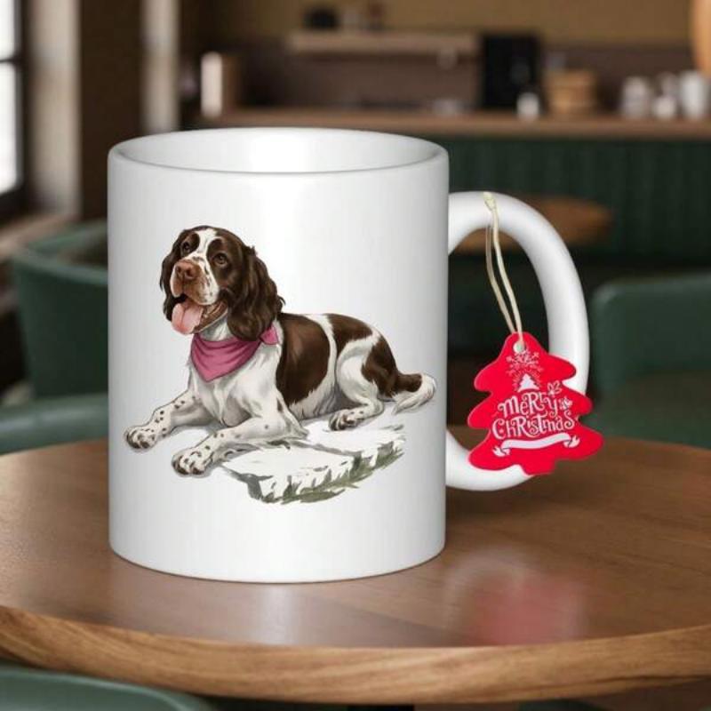 Tailorly White Ceramic 11 oz Mug - Merry Christmas Loyal Brown And White Springer Spaniel Wearing A Pink Scarf Bandana Dog