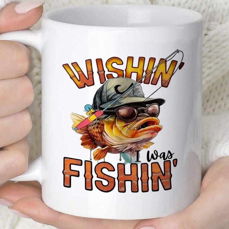 Tailorly White Ceramic 11 oz Mug - Wishin I Was Fishin Stylized Grumpy Cartoon Wearing Fishing Hat And Sunglasses With Rod Bass
