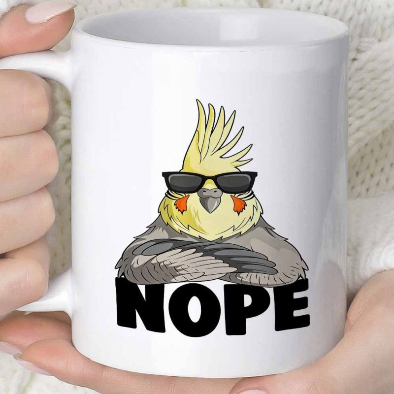 Tailorly White Ceramic 11 oz Mug - Nope Cool Bird Wearing Black Sunglasses With Crossed Wings Standing Cockatiel