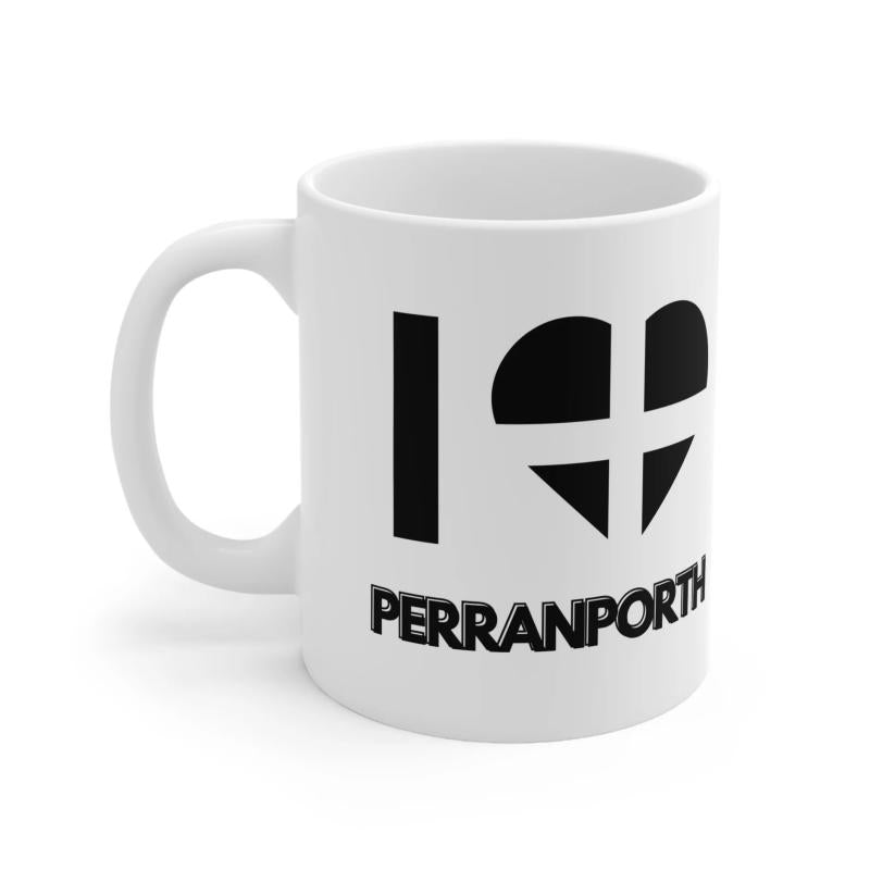 Tailorly White Ceramic 11 oz Mug - Perranporth Minimalist Heart Symbol Representing Cornwall With St Pirans Cross Graphic Mug