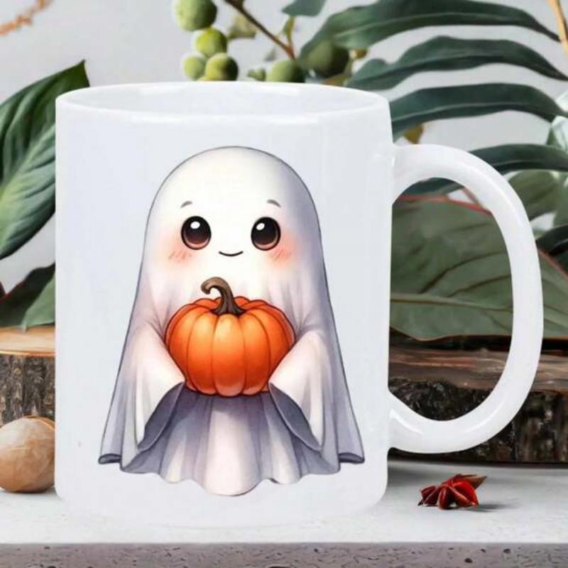 Tailorly White Ceramic 11 oz Mug - Adorable Cartoon Spirit Holding A Festive Seasonal Bright Orange Round Pumpkin Ghost