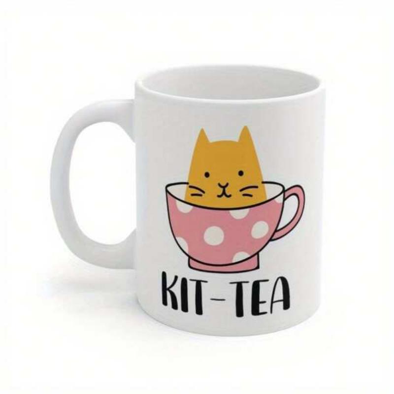 Tailorly White Ceramic 11 oz Mug - Kit-Tea Adorable Orange Kitten Sitting Inside A Pink Polka Dot Cup Cat