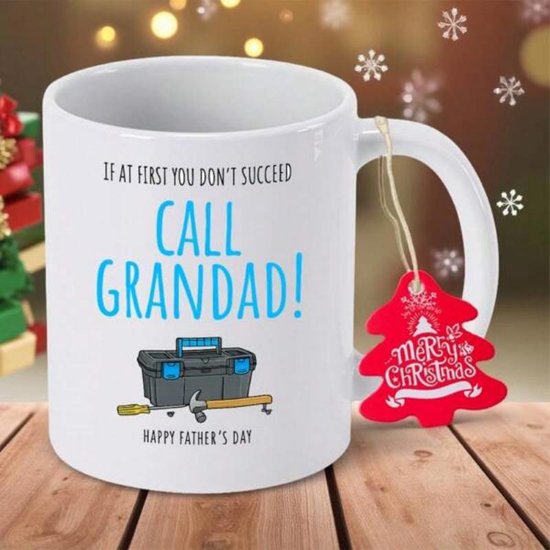 Tailorly White Ceramic 11 oz Mug - If At First You Don't Succeed Call Grandad Happy Father's Day Durable Grey Professional Toolbox With Hammer And Screwdriver