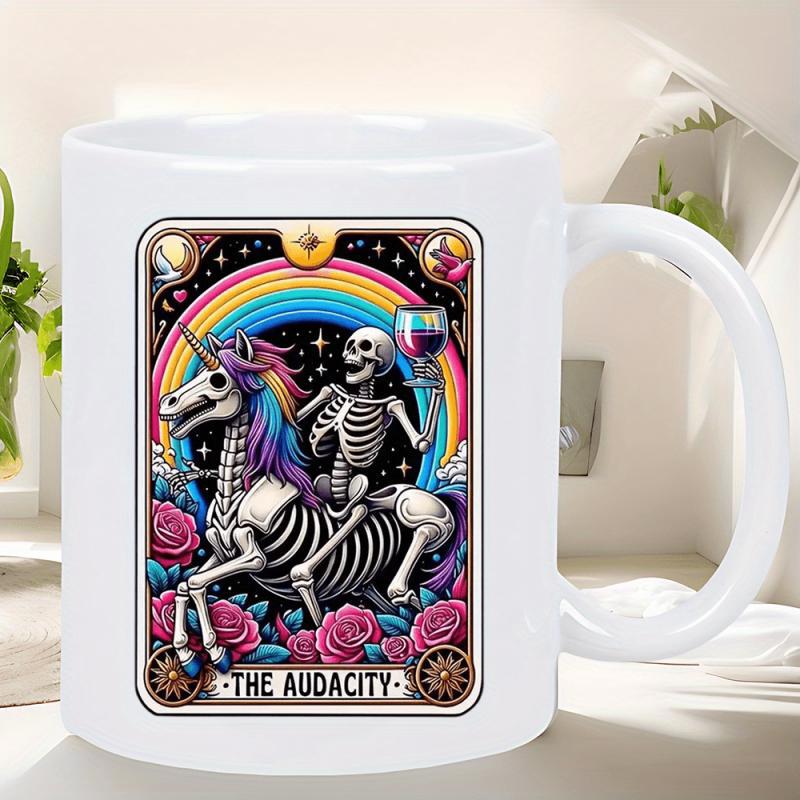 Tailorly White Ceramic 11 oz Mug - The Audacity Skeletal Figure Riding Mystical Undead Creature Surrounded By Roses And Rainbow Unicorn