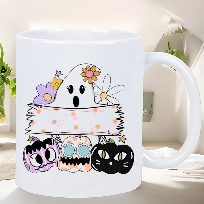 Tailorly White Ceramic 11 oz Mug - Whimsical Vintage Floral Halloween Scene Featuring Adorable Pumpkins And Friendly Ghost