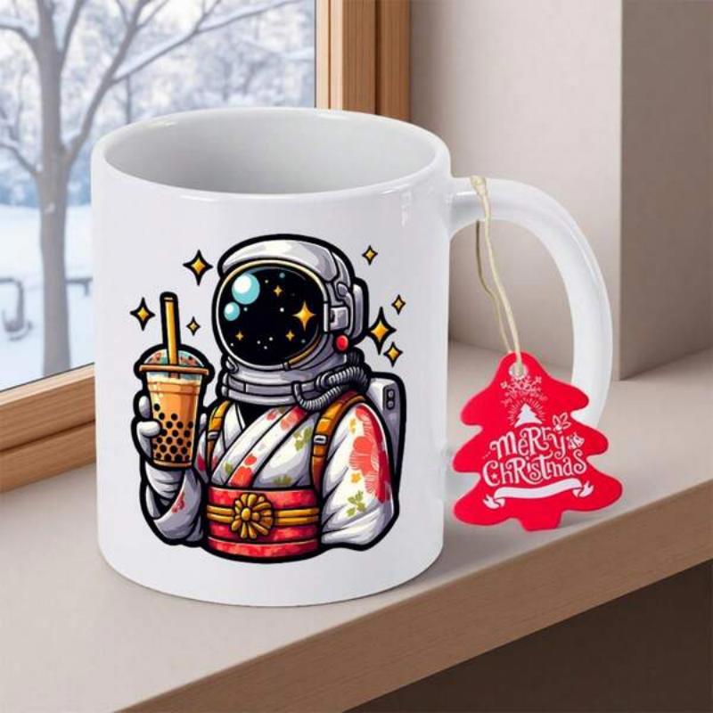Tailorly White Ceramic 11 oz Mug - Merry Christmas Cute Space Explorer Wearing Traditional Kimono Holding Sweet Boba Milk Tea Astronaut