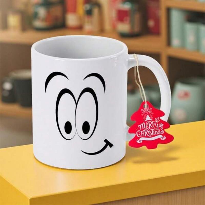 Tailorly White Ceramic 11 oz Mug - Merry Christmas Minimalist Cartoon Face With Large Expressive Eyes And Small Smile Mug