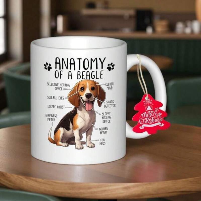 Tailorly White Ceramic 11 oz Mug - Anatomy Of A Beagle Cute Tricolor Dog Sitting On White Background With Descriptive Anatomical Labels Beagle