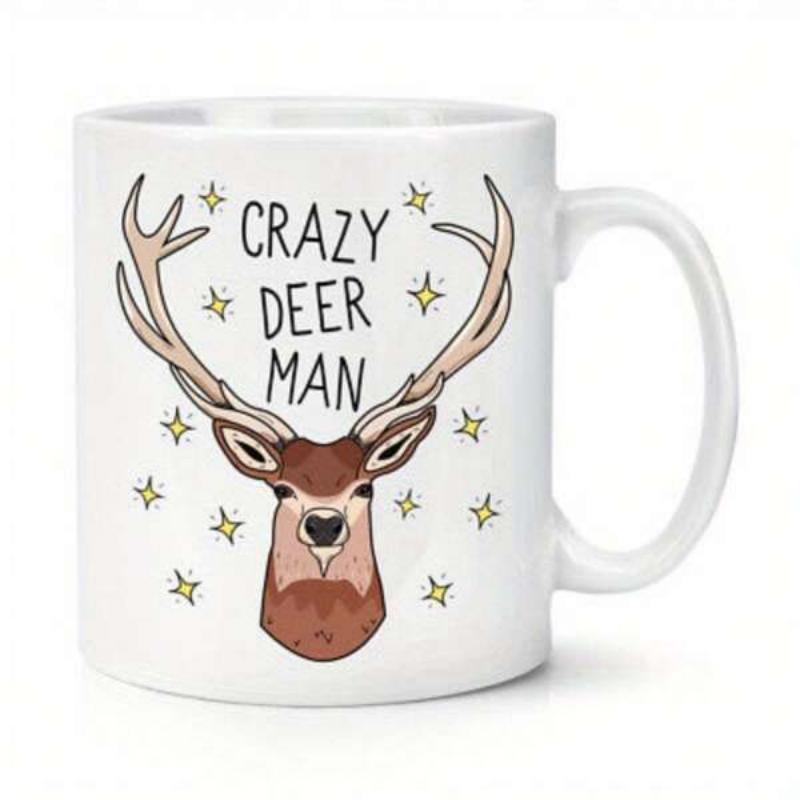 Tailorly White Ceramic 11 oz Mug - Crazy Deer Man Majestic Deer Head Featuring Grand Antlers Surrounded By Sparkling Golden Stars Deer