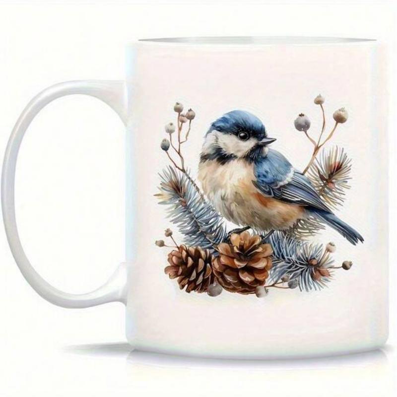 Tailorly White Ceramic 11 oz Mug - Realistic Blue Tit Resting On Pine Cones And Winter Spruce Branches Bird