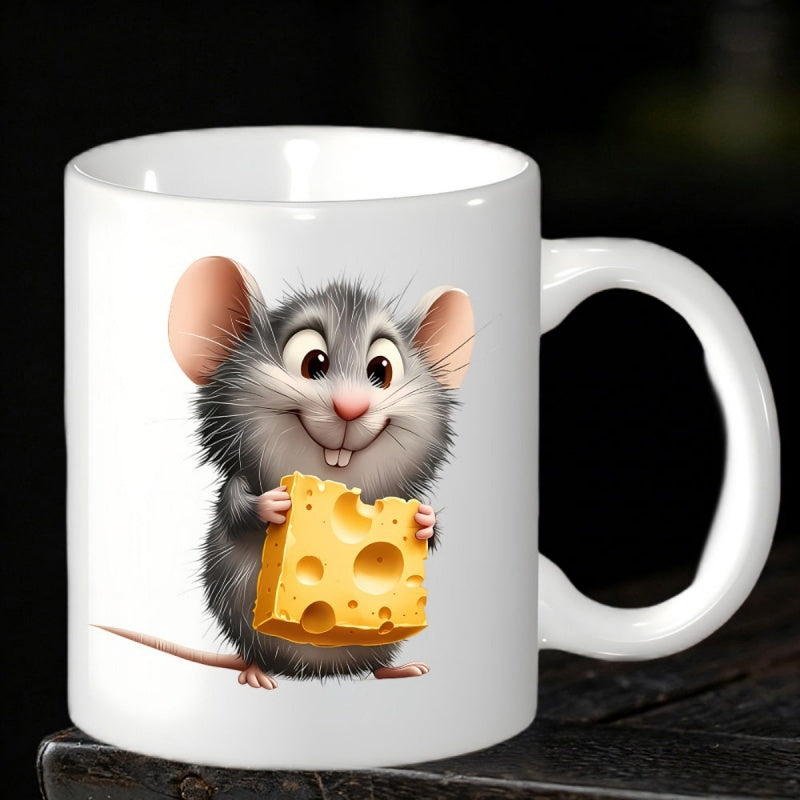 Tailorly White Ceramic 11 oz Mug - Adorable Tiny Grey Furry Creature Holding A Large Piece Of Yellow Cheese Mouse
