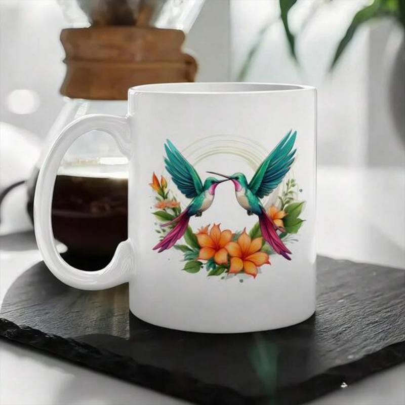 Tailorly White Ceramic 11 oz Mug - Vibrant Pair Of Hummingbirds Hovering Over Blossoming Tropical Flowers Garden Scenic Hummingbird