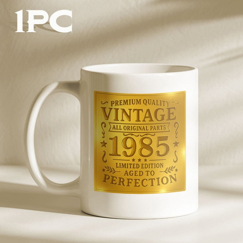 Tailorly White Ceramic 11 oz Mug - Premium Quality Vintage All Original Parts 1985 Limited Edition Aged To Perfection Elegant Gold Square With Retro Typography And