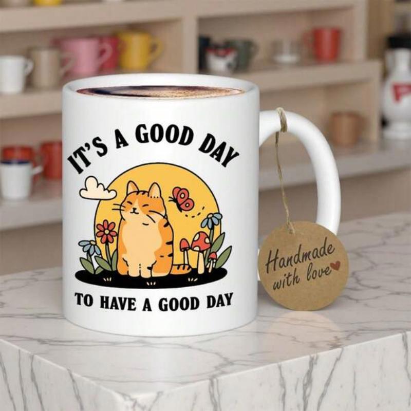 Tailorly White Ceramic 11 oz Mug - Its A Good Day To Have A Good Day Chubby Ginger Cat Sitting In Sunlit Meadow With Mushrooms And Butterfly Cat