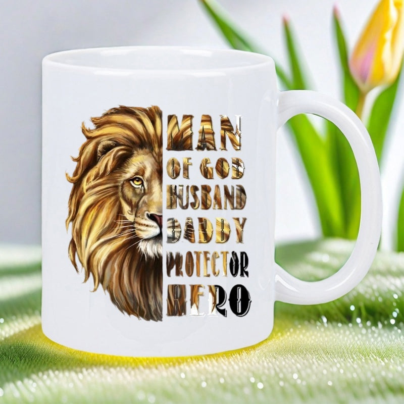 Tailorly White Ceramic 11 oz Mug - Man Of God Husband Daddy Protector Hero Majestic Golden Mane Half Face Silhouette With Artistic Realistic Details Lion