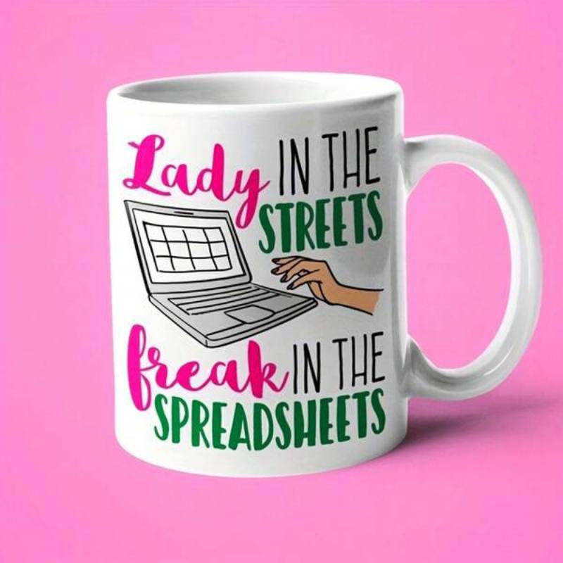 Tailorly White Ceramic 11 oz Mug - Lady In The Streets Freak In The Spreadsheets Minimalist Hand Drawn Illustration Of A Digital Computer And Working Hand Laptop