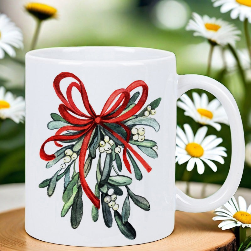 Tailorly White Ceramic 11 oz Mug - Watercolor Green Mistletoe Leaves With White Berries Tied In A Red Ribbon Mistletoe