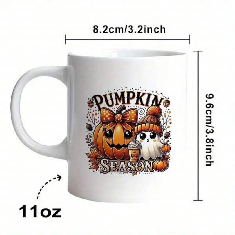 Tailorly White Ceramic 11 oz Mug - Pumpkin Season Smiling Pumpkin Wearing Bow And Ghost With Cozy Winter Hat Pumpkin