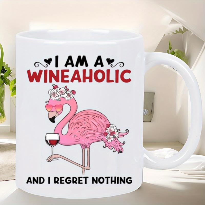 Tailorly White Ceramic 11 oz Mug - I Am A Wineaholic And I Regret Nothing Vibrant Pink Flamingo Wearing Delicate Flower Crown Holding Wine Flamingo