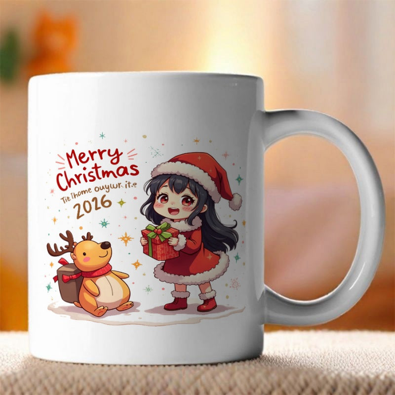 Tailorly White Ceramic 11 oz Mug - Merry Christmas 2026 Cute Anime Girl In Santa Outfit Holding Red Gift Box Beside Reindeer Mug