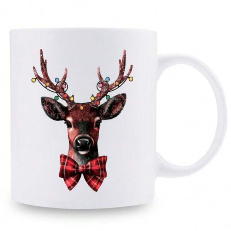Tailorly White Ceramic 11 oz Mug - Majestic Reindeer Adorned With Glowing Holiday Lights And Tartan Plaid Bowtie Deer