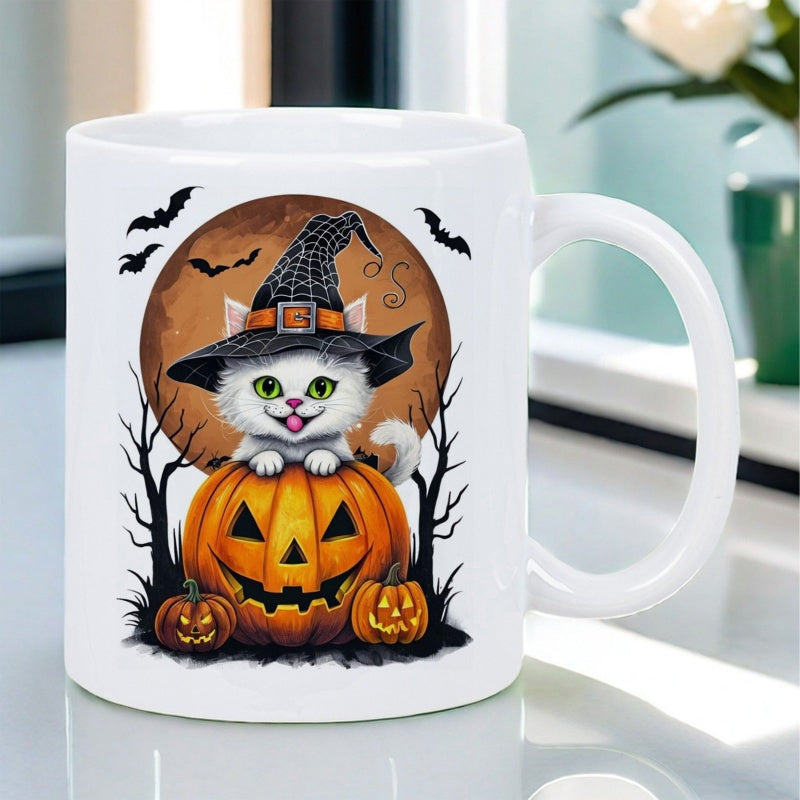 Tailorly White Ceramic 11 oz Mug - Adorable White Kitten Wearing Witch Hat Resting On Carved Halloween Pumpkin
