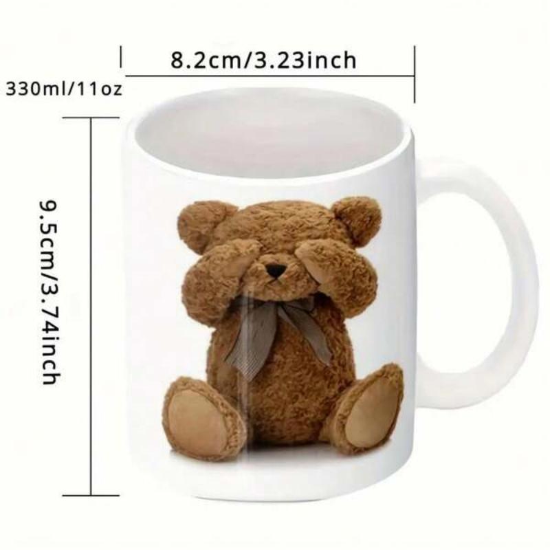 Tailorly White Ceramic 11 oz Mug - Cute Brown Plush Toy Sitting Quietly Covering Eyes With Soft Paws Bear