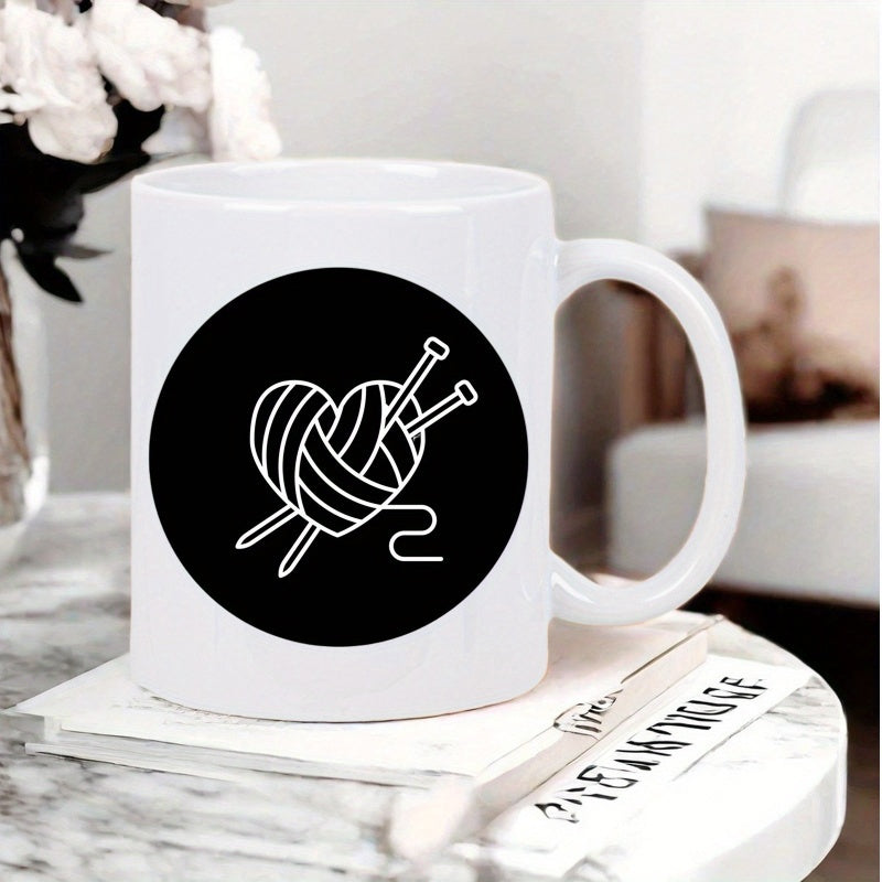Tailorly White Ceramic 11 oz Mug - Minimalist White Heart Shaped Ball Of Yarn With Knitting Needles Heart
