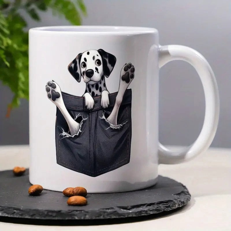 Tailorly White Ceramic 11 oz Mug - Cute Black And White Spotted Puppy Peeking Inside A Black Fabric Pocket Dalmatian