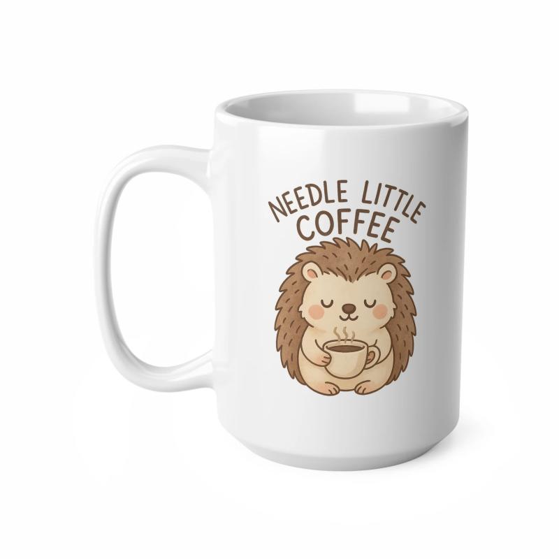 Tailorly White Ceramic 11 oz Mug - Needle Little Coffee Adorable Brown Cartoon Creature Holding A Steaming Cup Of Morning Hedgehog