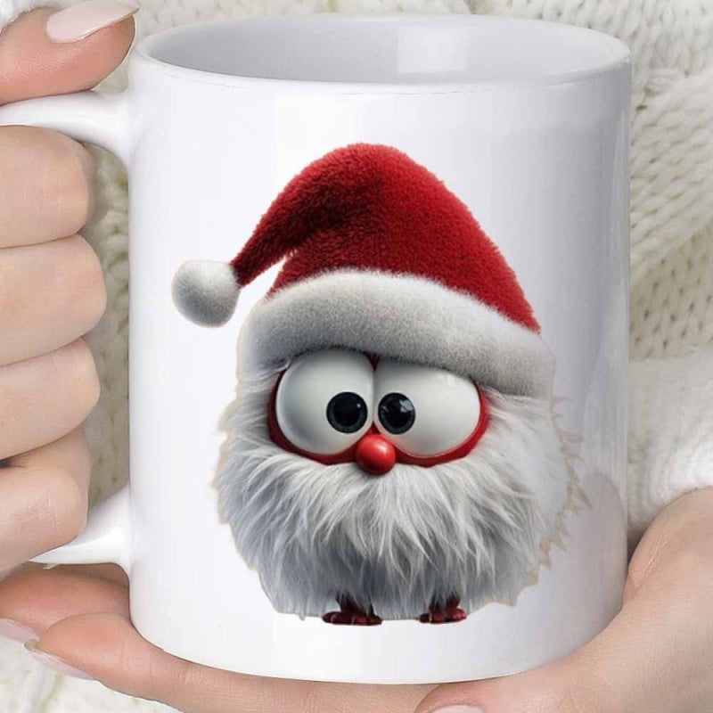 Tailorly White Ceramic 11 oz Mug - Adorable Fluffy Round Festive Figure Wearing Soft Red Santa Hat Character