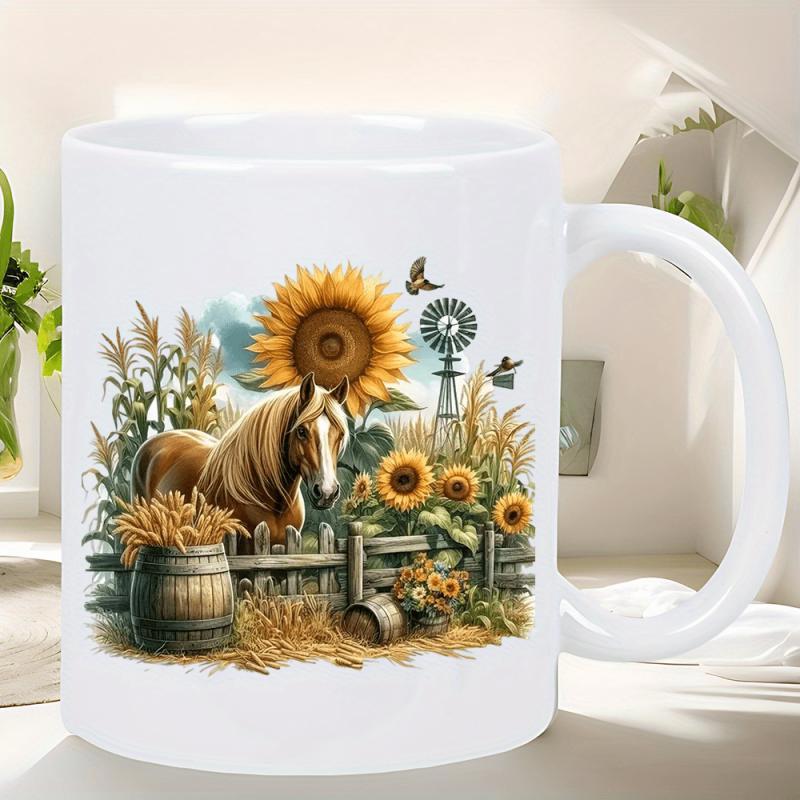 Tailorly White Ceramic 11 oz Mug - Majestic Brown Horse Standing Beside Vibrant Sunflowers Near A Farm Windmill Horse