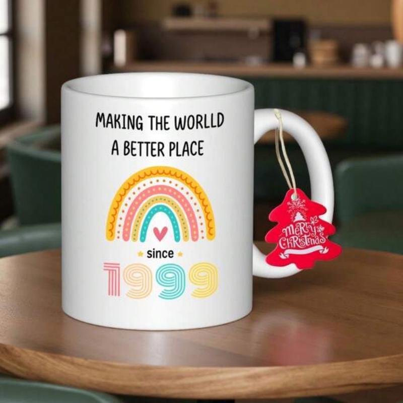 Tailorly White Ceramic 11 oz Mug - Making The Worldd A Better Place Since 1999 Colorful Hand Drawn Boho Rainbow With A Small Pink Heart Arched Over Blocky Rainbow