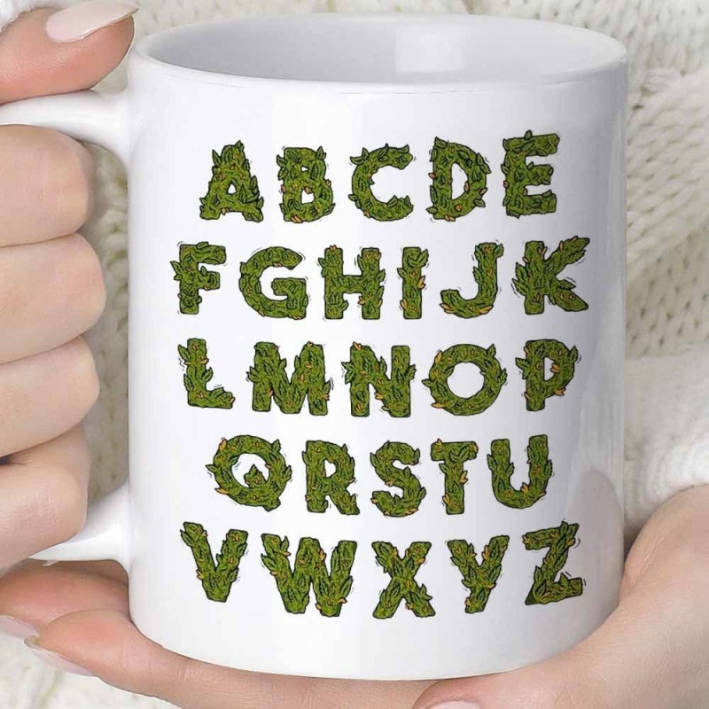 Tailorly White Ceramic 11 oz Mug - ABCDEFGHIJKLMNOPQRSTUVWXYZ Lush Green Moss Texture Creating A Complete Nature Inspired Alphabet