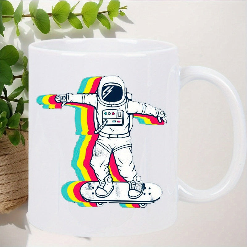 Tailorly White Ceramic 11 oz Mug - Retro Colorful Rainbow Trail Gliding Through Space On A Stylish Modern Astronaut