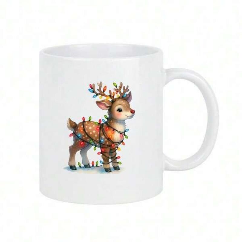 Tailorly White Ceramic 11 oz Mug - Adorable Festive Fawn Wrapped In Vibrant Glowing Christmas String Lights Deer