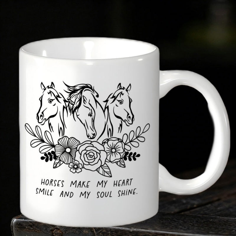 Tailorly White Ceramic 11 oz Mug - Horses Make My Heart Smile And My Soul Shine Artistic Line Art Three Horses Among Beautiful Flowers And Leaves Horse