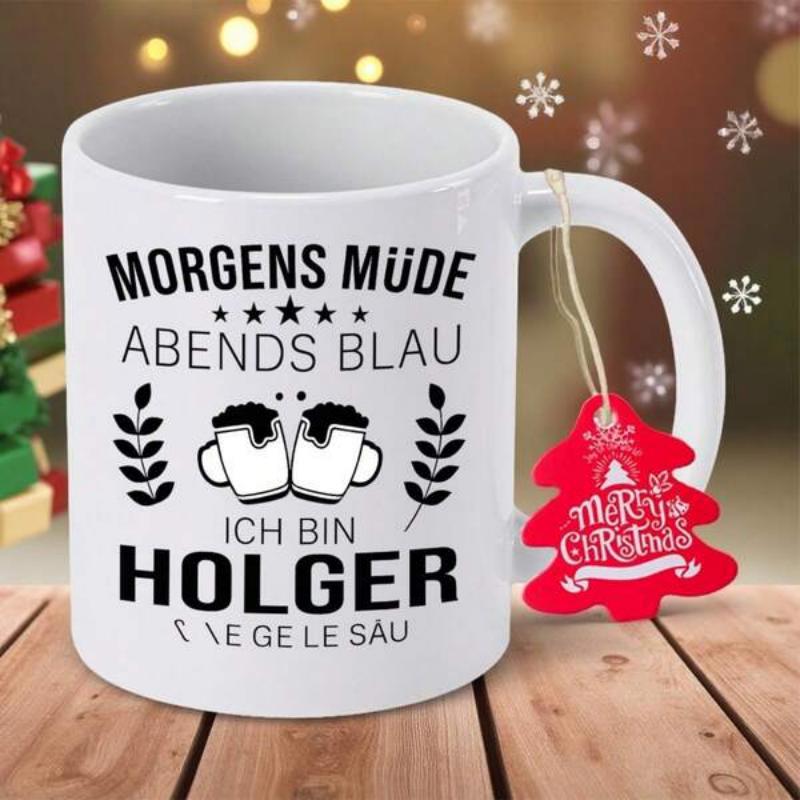 Tailorly White Ceramic 11 oz Mug - Merry Christmas Minimalist Black Line Art Showing Clinking Beer Mugs Among Wheat Sprigs Mug