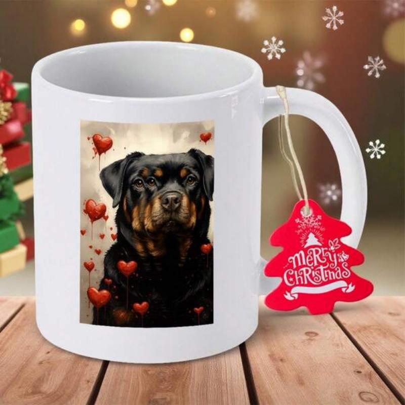 Tailorly White Ceramic 11 oz Mug - Merry Christmas Majestic Sitting Portrait With Floating Red Hearts And Warm Glowing Background Rottweiler