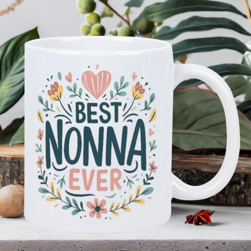 Tailorly White Ceramic 11 oz Mug - Best Nonna Ever Colorful Floral Wreath Featuring Hand Drawn Flowers And Pink Heart Heart