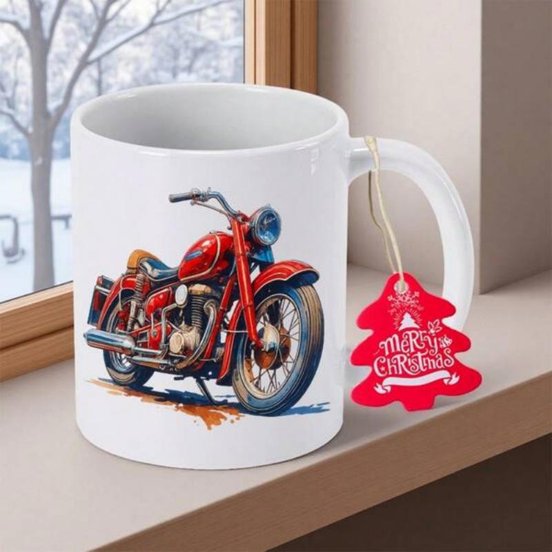 Tailorly White Ceramic 11 oz Mug - Merry Christmas Vintage Red Classic Style Machine With Detailed Chrome Parts Realistic Design Motorcycle