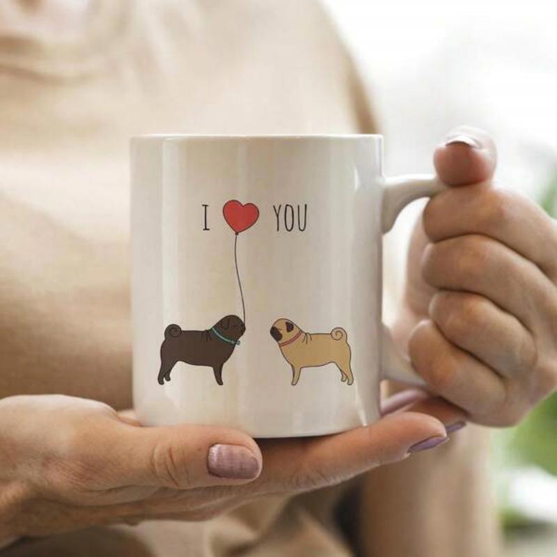 Tailorly White Ceramic 11 oz Mug - I Love You Two Sweet Little Pugs Sharing A Red Heart Balloon Together Pug