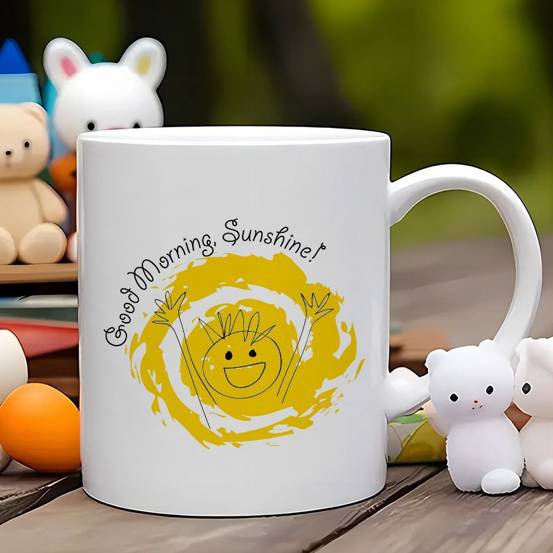 Tailorly White Ceramic 11 oz Mug - Good Morning Sunshine Vibrant Yellow Sun With Cheerful Cartoon Face Among Hand Drawn Scribbles Sun